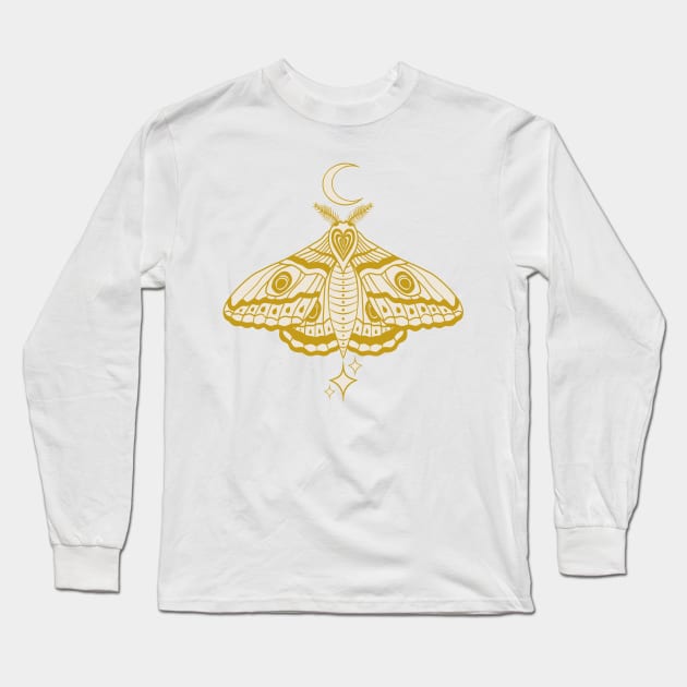 Witchy Cute Celestial Moth - Gold and Cream Long Sleeve T-Shirt by Velvet Earth